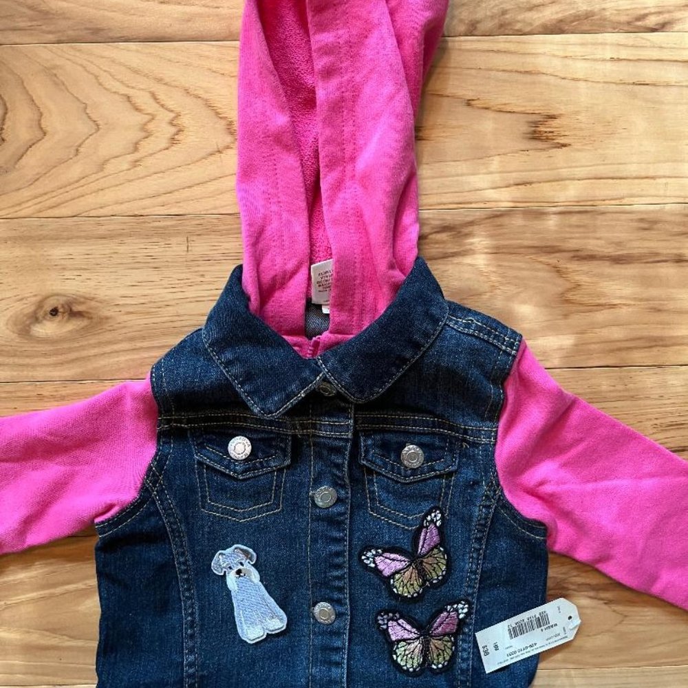 NWT Arizona Girls Pink Hooded Jean Jacket, 18 mo., Animal & Butterfly Appliques
